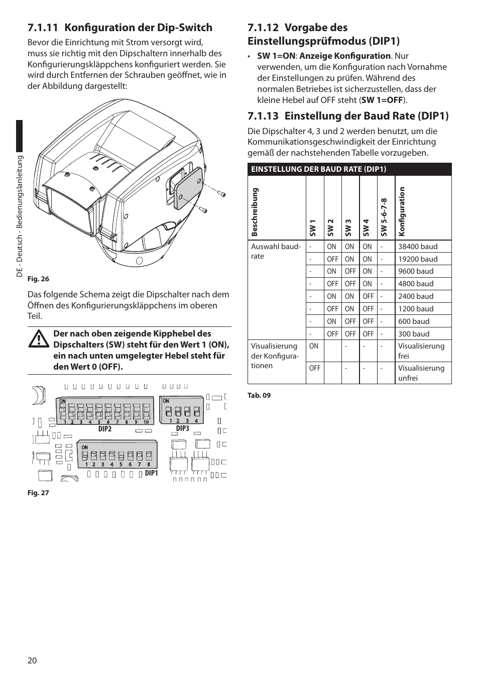 11 konfiguration der dip-switch, 12 vorgabe des einstellungsprüfmodus (dip1), 13 einstellung der baud rate (dip1) | Videotec ULISSE COMPACT THERMAL User Manual | Page 220 / 268