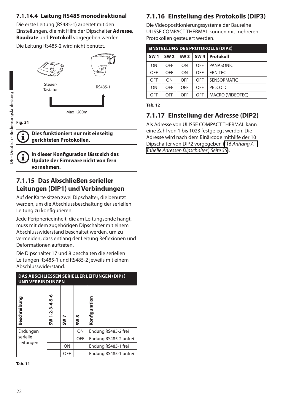 4 leitung rs485 monodirektional, 16 einstellung des protokolls (dip3), 17 einstellung der adresse (dip2) | 4 leitung rs485 monodirektional", seite 22 | Videotec ULISSE COMPACT THERMAL User Manual | Page 222 / 268