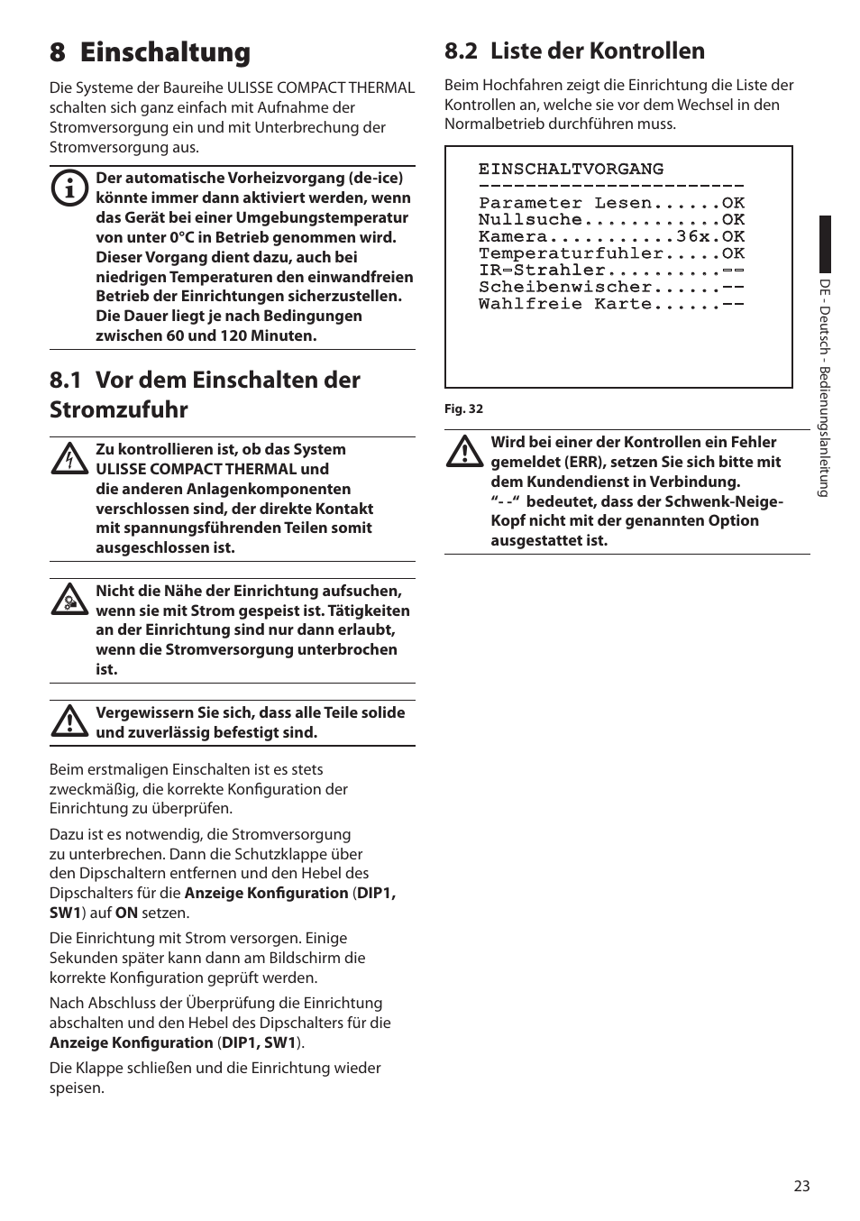 8 einschaltung, 1 vor dem einschalten der stromzufuhr, 2 liste der kontrollen | Videotec ULISSE COMPACT THERMAL User Manual | Page 223 / 268