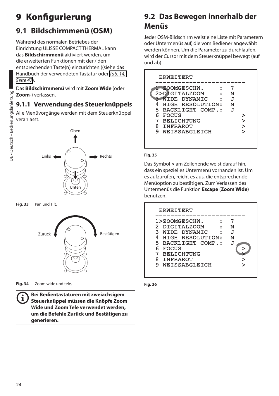9 konfigurierung, 1 bildschirmmenü (osm), 1 verwendung des steuerknüppels | 2 das bewegen innerhalb der menüs | Videotec ULISSE COMPACT THERMAL User Manual | Page 224 / 268
