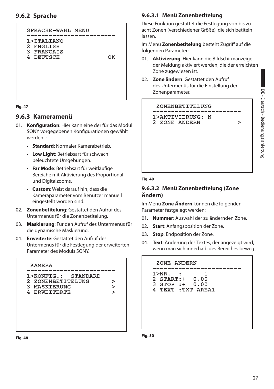 2 sprache, 3 kameramenü, 1 menü zonenbetitelung | 2 menü zonenbetitelung (zone ändern), 2 sprache 9.6.3 kameramenü | Videotec ULISSE COMPACT THERMAL User Manual | Page 227 / 268