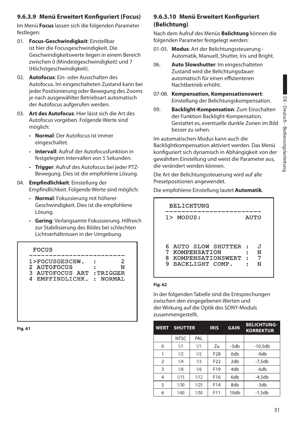 9 menü erweitert konfiguriert (focus), 10 menü erweitert konfiguriert (belichtung) | Videotec ULISSE COMPACT THERMAL User Manual | Page 231 / 268