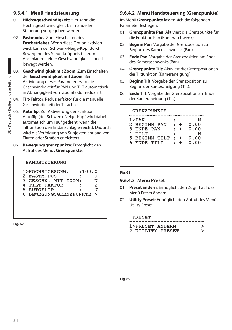 1 menü handsteuerung, 2 menü handsteuerung (grenzpunkte), 3 menü preset | Videotec ULISSE COMPACT THERMAL User Manual | Page 234 / 268
