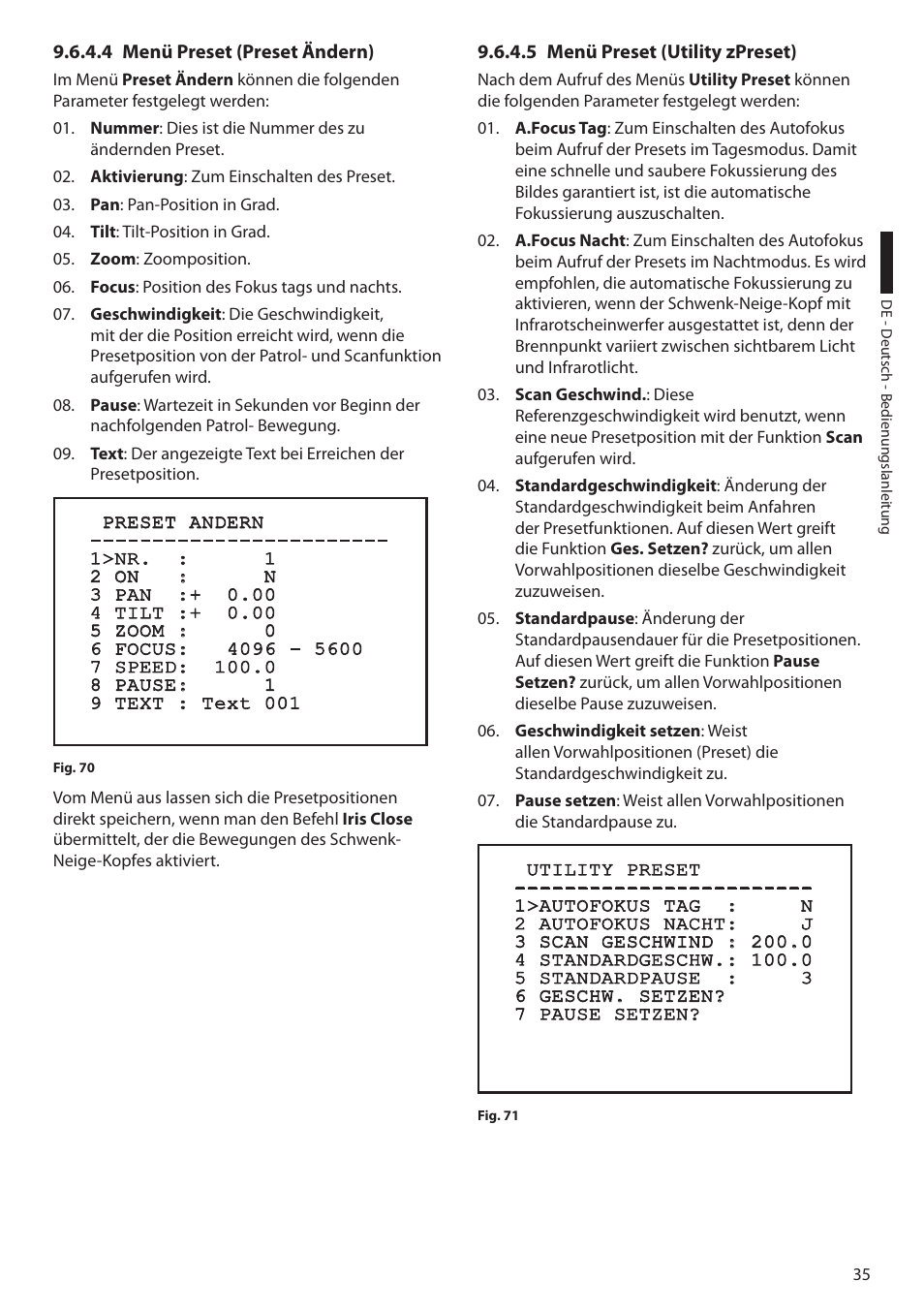 4 menü preset (preset ändern), 5 menü preset (utility zpreset) | Videotec ULISSE COMPACT THERMAL User Manual | Page 235 / 268