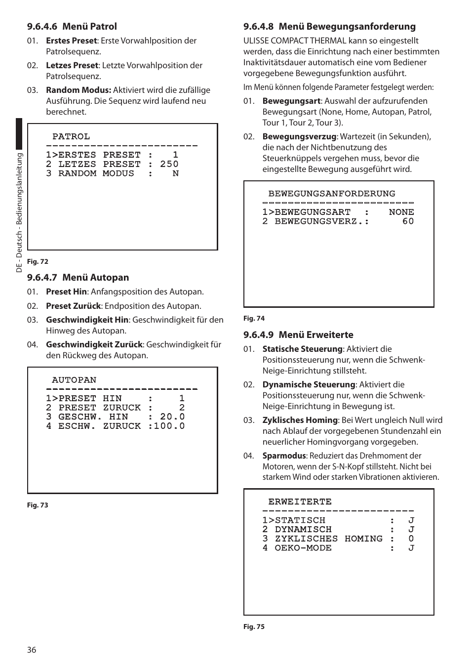 6 menü patrol, 7 menü autopan, 8 menü bewegungsanforderung | 9 menü erweiterte | Videotec ULISSE COMPACT THERMAL User Manual | Page 236 / 268