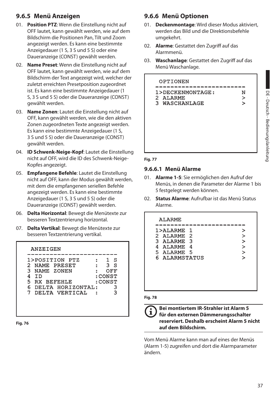 5 menü anzeigen, 6 menü optionen, 1 menü alarme | 5 menü anzeigen 9.6.6 menü optionen | Videotec ULISSE COMPACT THERMAL User Manual | Page 237 / 268