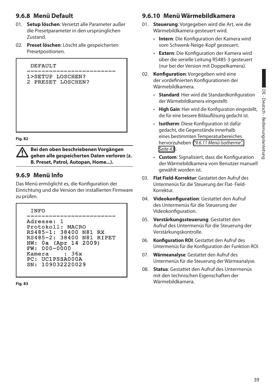 8 menü default, 9 menü info, 10 menü wärmebildkamera | Den ( "9.6.10 menü wärmebildkamera", seite 39 ) | Videotec ULISSE COMPACT THERMAL User Manual | Page 239 / 268
