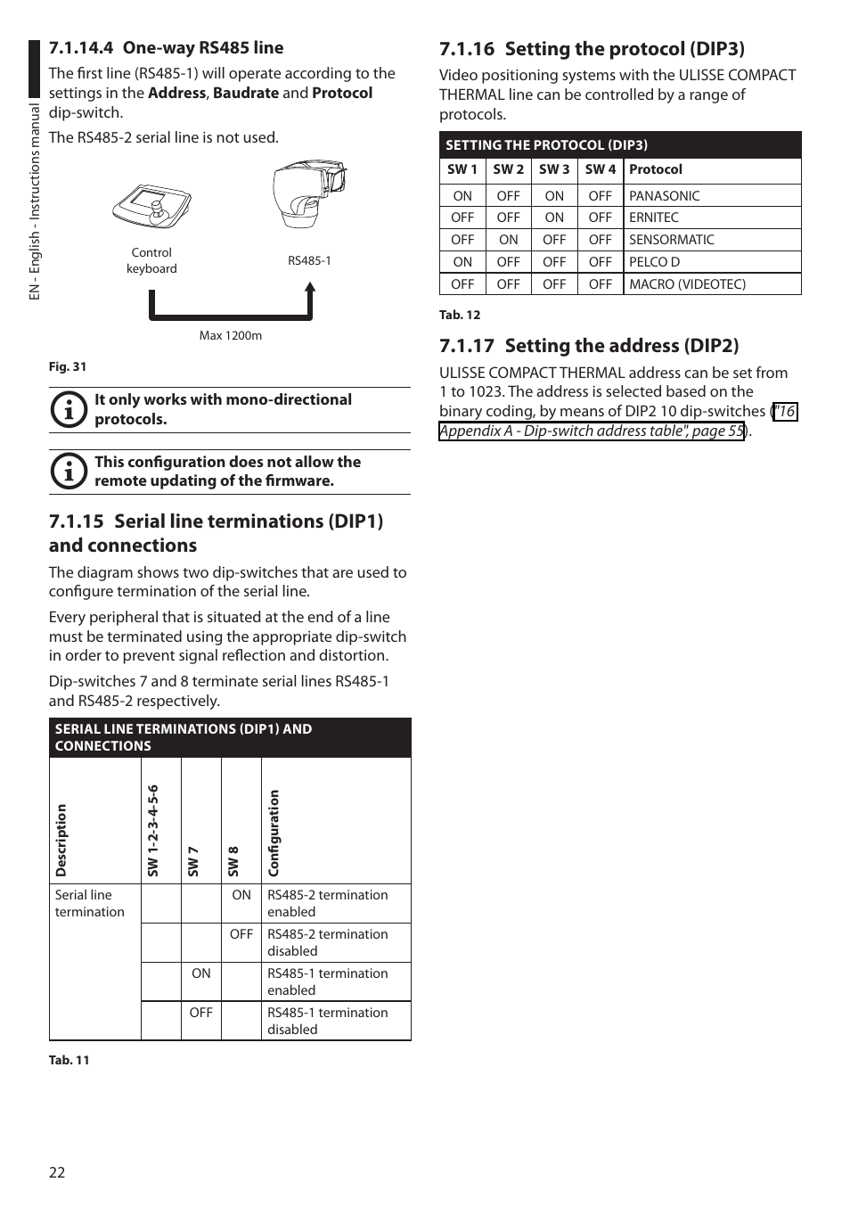 4 one-way rs485 line, 15 serial line terminations (dip1) and connections, 16 setting the protocol (dip3) | 17 setting the address (dip2) | Videotec ULISSE COMPACT THERMAL User Manual | Page 24 / 268