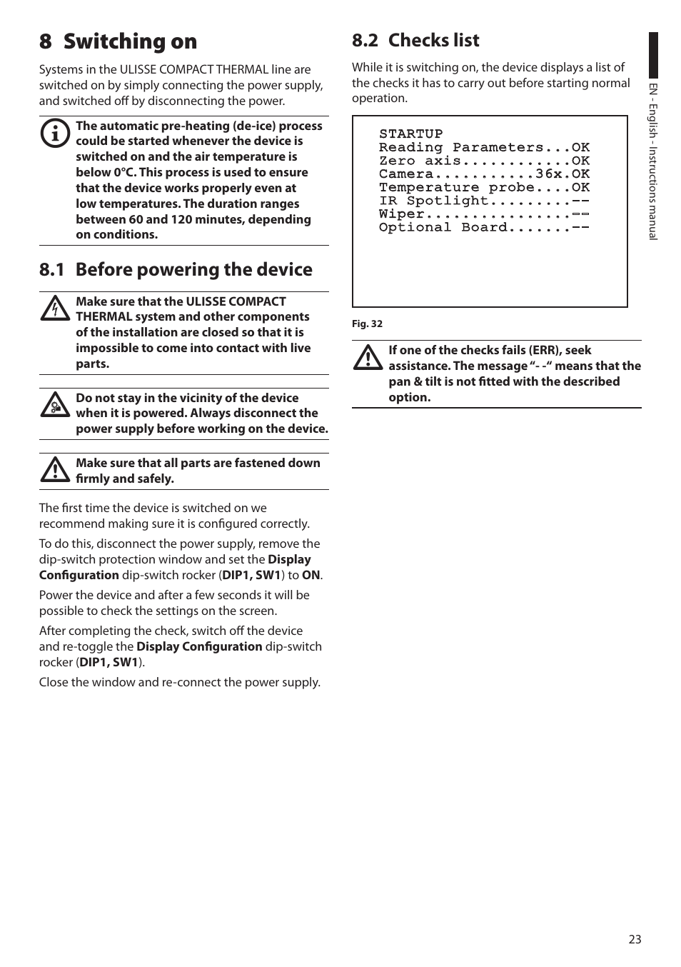 8 switching on, 1 before powering the device, 2 checks list | 1 before powering the device 8.2 checks list | Videotec ULISSE COMPACT THERMAL User Manual | Page 25 / 268