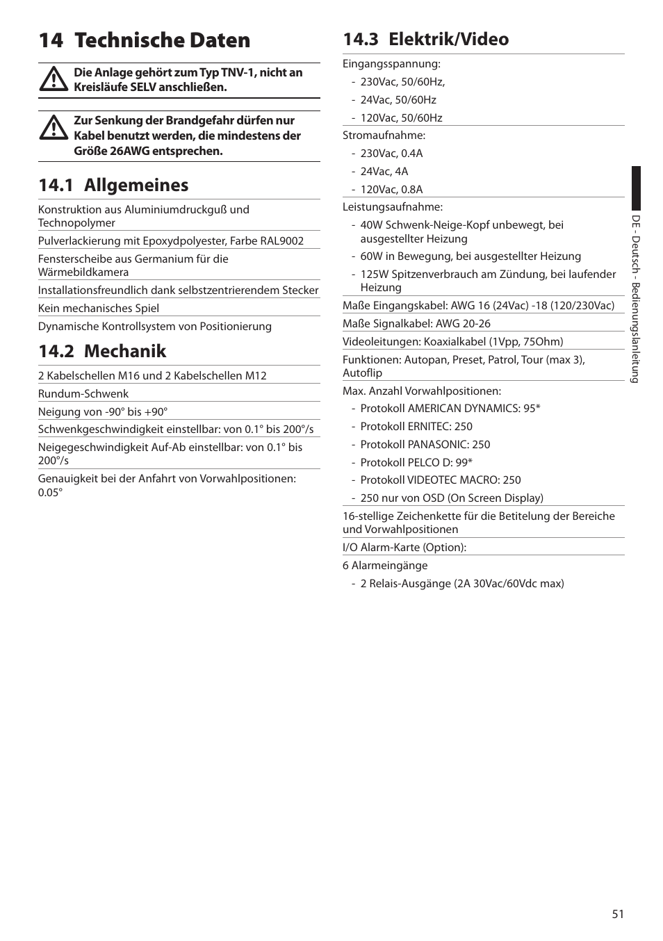 14 technische daten, 1 allgemeines, 2 mechanik | 3 elektrik/video, 1 allgemeines 14.2 mechanik 14.3 elektrik/video | Videotec ULISSE COMPACT THERMAL User Manual | Page 251 / 268