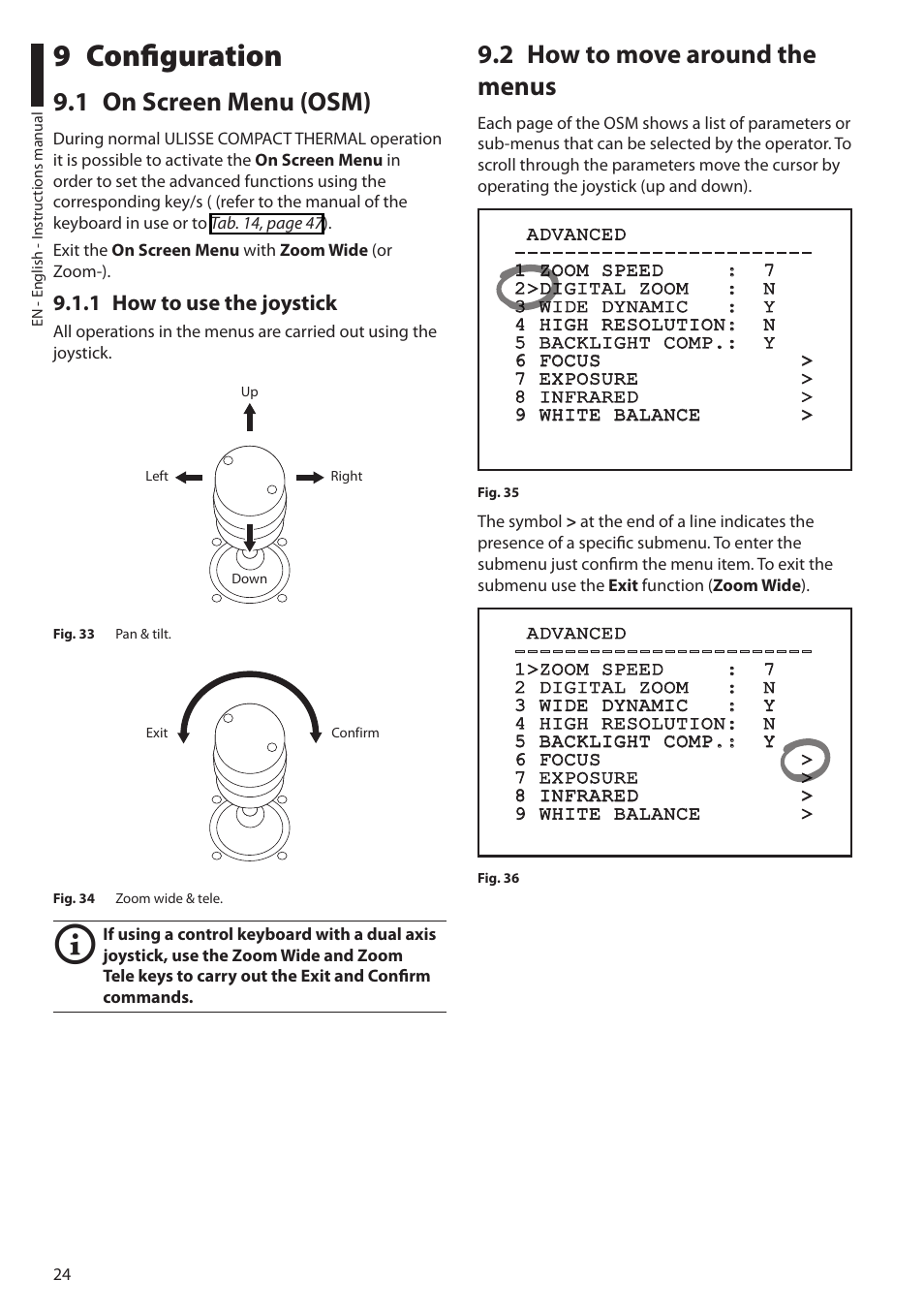 9 configuration, 1 on screen menu (osm), 1 how to use the joystick | 2 how to move around the menus | Videotec ULISSE COMPACT THERMAL User Manual | Page 26 / 268