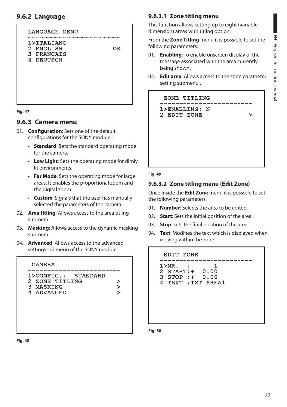 2 language, 3 camera menu, 1 zone titling menu | 2 zone titling menu (edit zone), 2 language 9.6.3 camera menu | Videotec ULISSE COMPACT THERMAL User Manual | Page 29 / 268