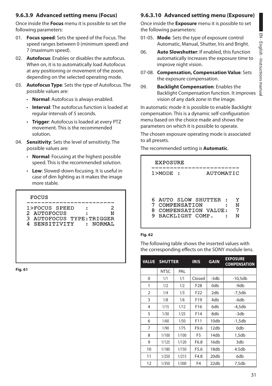 9 advanced setting menu (focus), 10 advanced setting menu (exposure) | Videotec ULISSE COMPACT THERMAL User Manual | Page 33 / 268