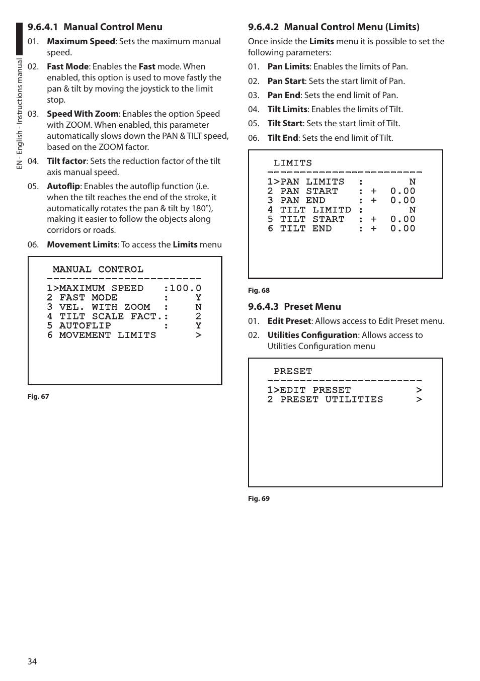 1 manual control menu, 2 manual control menu (limits), 3 preset menu | Videotec ULISSE COMPACT THERMAL User Manual | Page 36 / 268