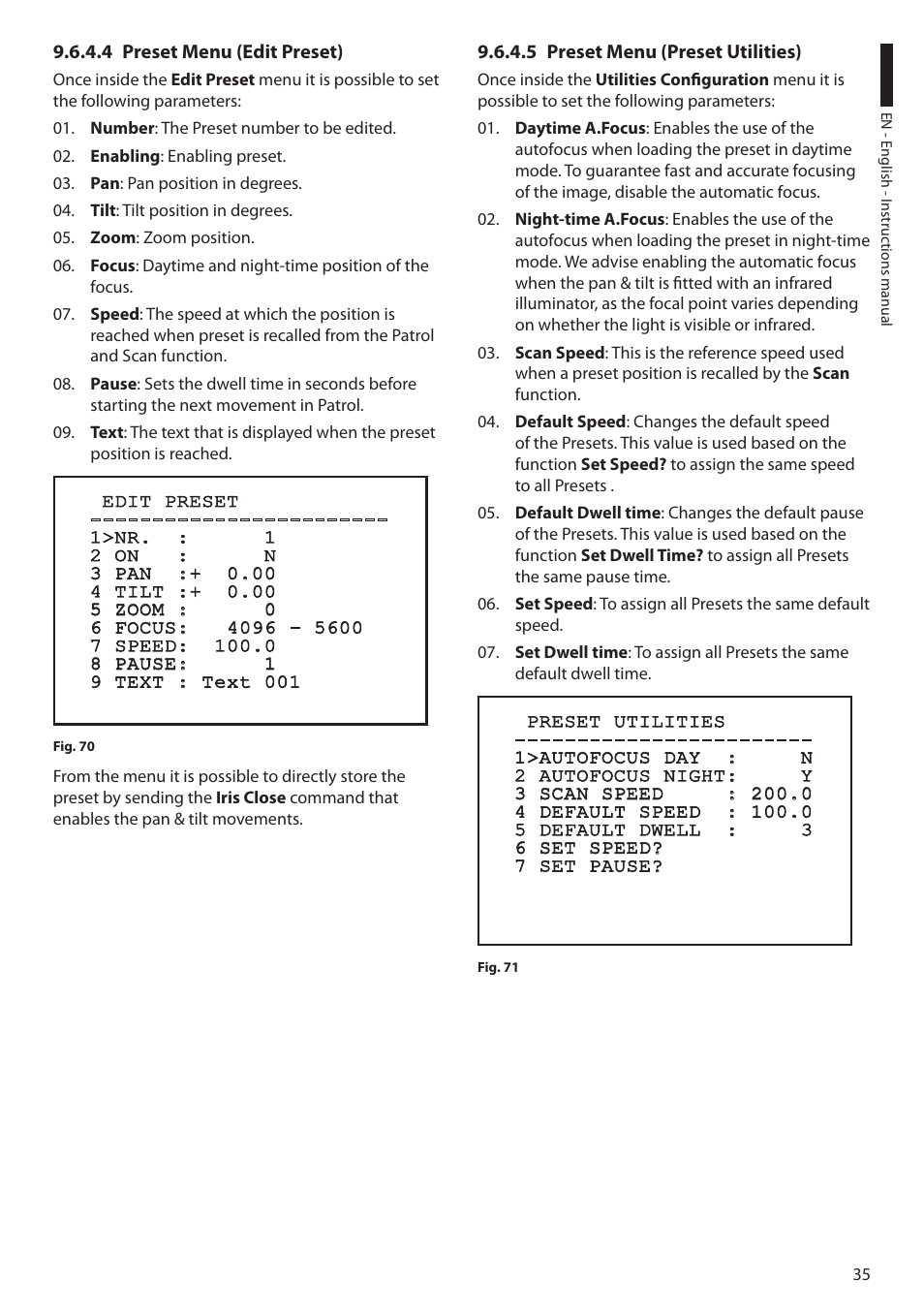 4 preset menu (edit preset), 5 preset menu (preset utilities) | Videotec ULISSE COMPACT THERMAL User Manual | Page 37 / 268