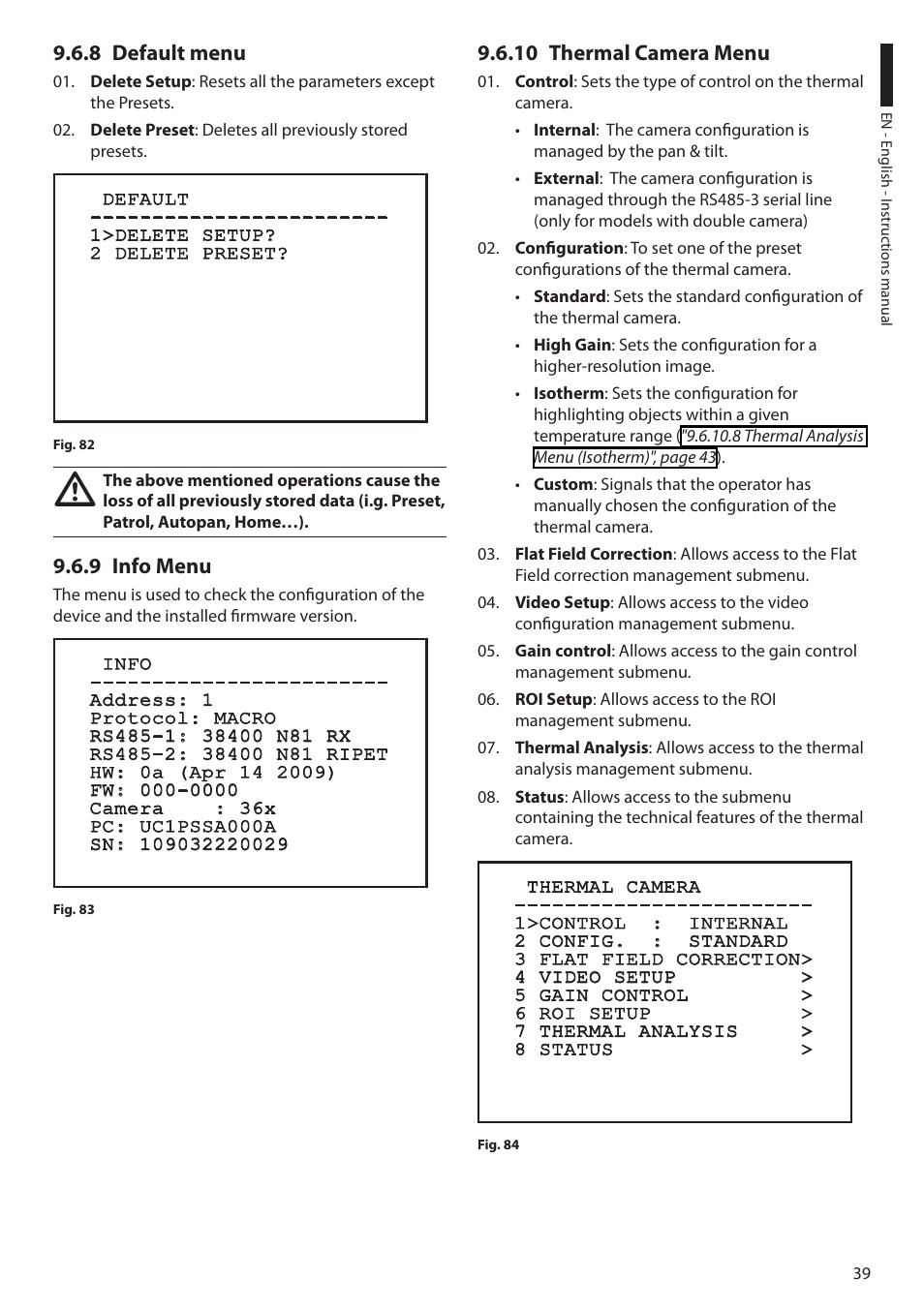 8 default menu, 9 info menu, 10 thermal camera menu | Videotec ULISSE COMPACT THERMAL User Manual | Page 41 / 268
