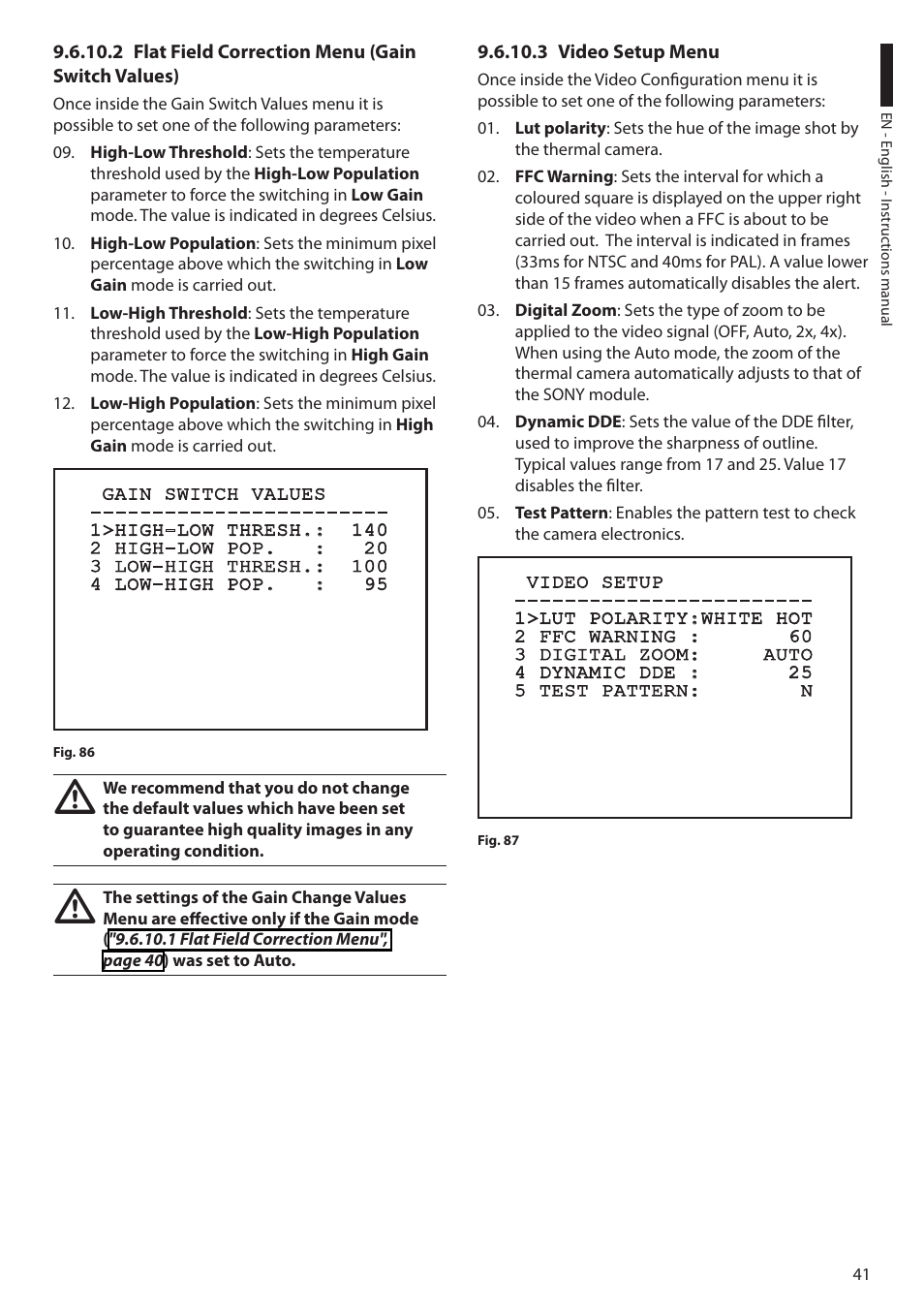 2 flat field correction menu (gain switch values), 3 video setup menu | Videotec ULISSE COMPACT THERMAL User Manual | Page 43 / 268