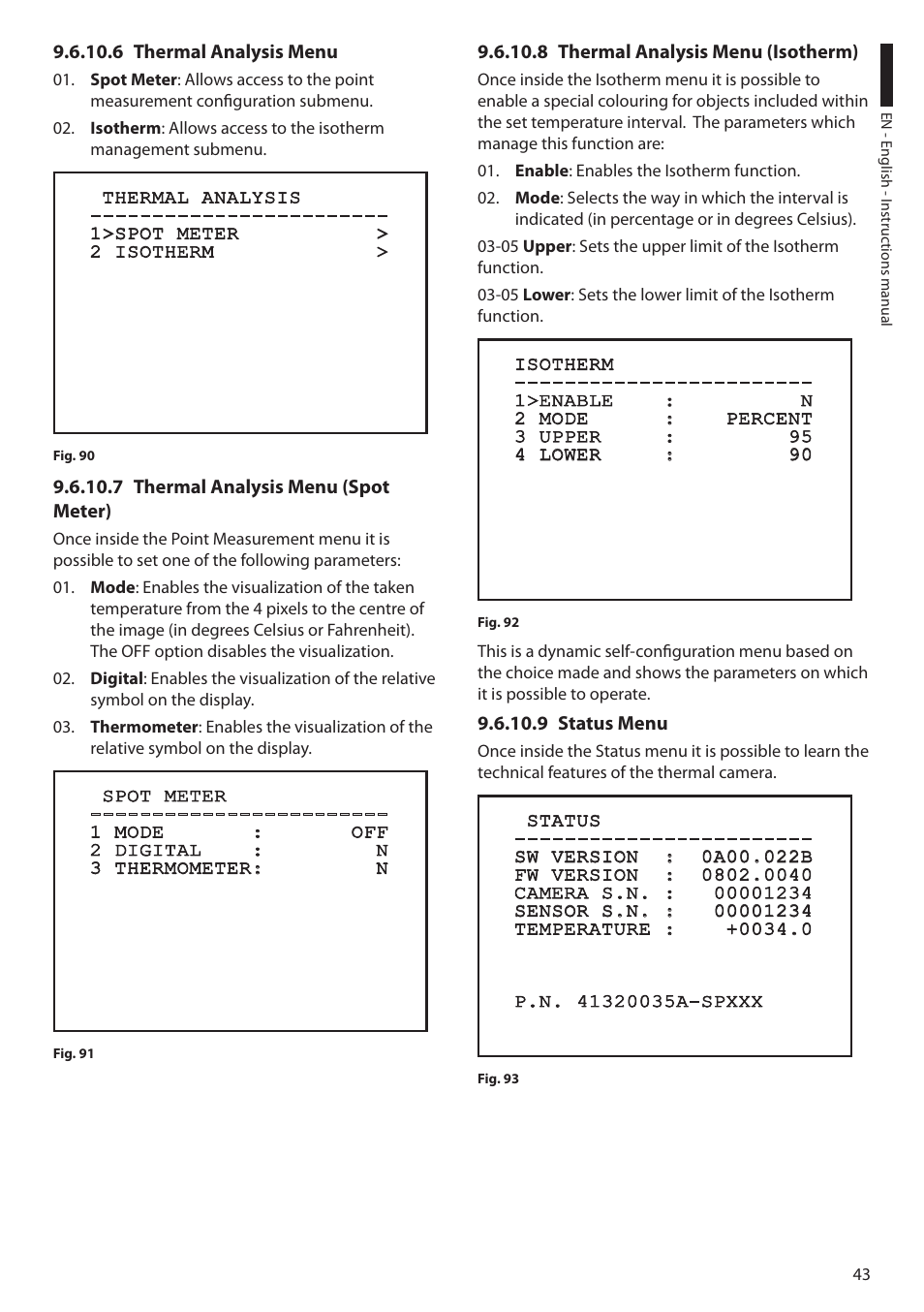 6 thermal analysis menu, 7 thermal analysis menu (spot meter), 8 thermal analysis menu (isotherm) | 9 status menu | Videotec ULISSE COMPACT THERMAL User Manual | Page 45 / 268