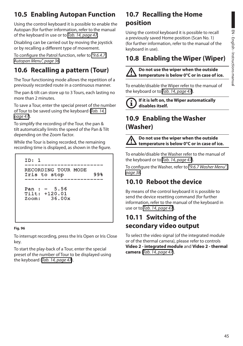 5 enabling autopan function, 6 recalling a pattern (tour), 7 recalling the home position | 8 enabling the wiper (wiper), 9 enabling the washer (washer), 10 reboot the device, 11 switching of the secondary video output | Videotec ULISSE COMPACT THERMAL User Manual | Page 47 / 268
