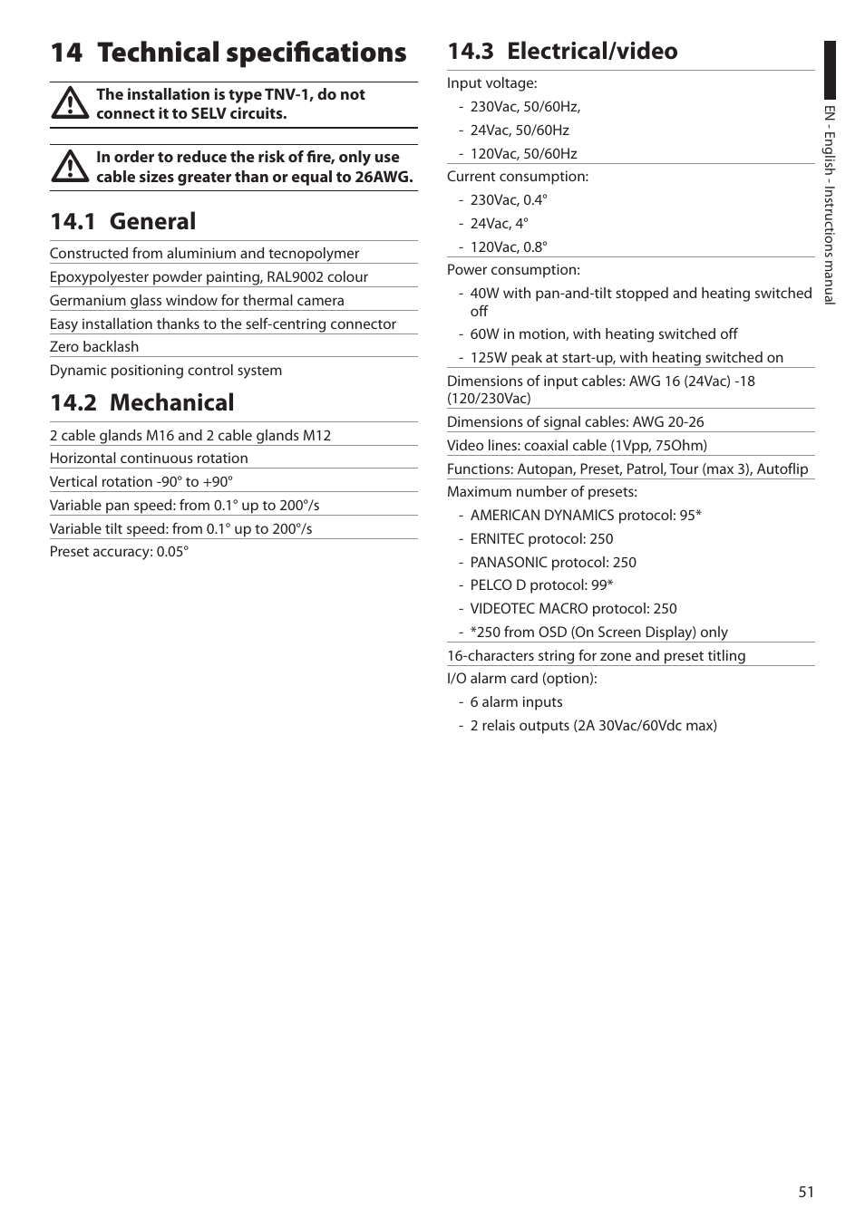 14 technical specifications, 1 general, 2 mechanical | 3 electrical/video, 1 general 14.2 mechanical 14.3 electrical/video | Videotec ULISSE COMPACT THERMAL User Manual | Page 53 / 268