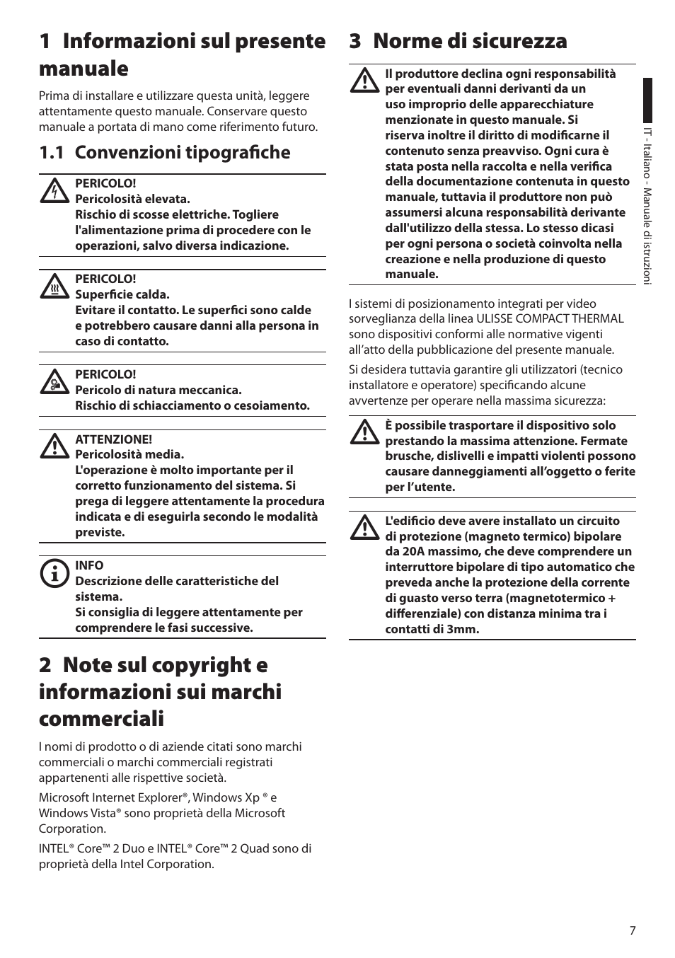 1 informazioni sul presente manuale, 1 convenzioni tipografiche, 3 norme di sicurezza | Videotec ULISSE COMPACT THERMAL User Manual | Page 75 / 268