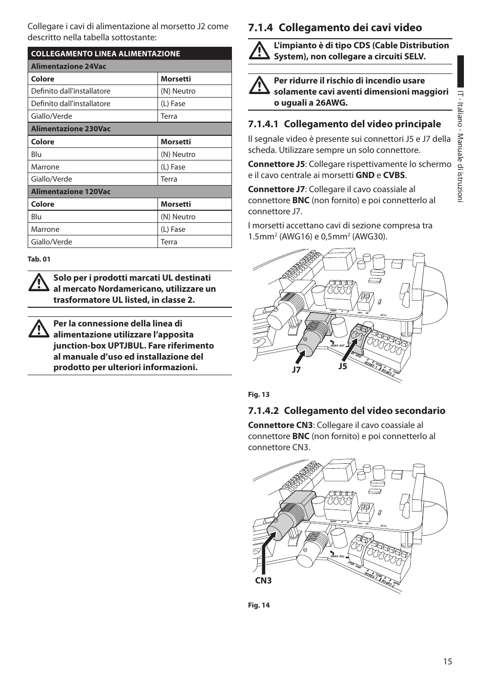 4 collegamento dei cavi video, 1 collegamento del video principale, 2 collegamento del video secondario | Awg16) e 0,5mm, Awg30), J7 j5 | Videotec ULISSE COMPACT THERMAL User Manual | Page 83 / 268