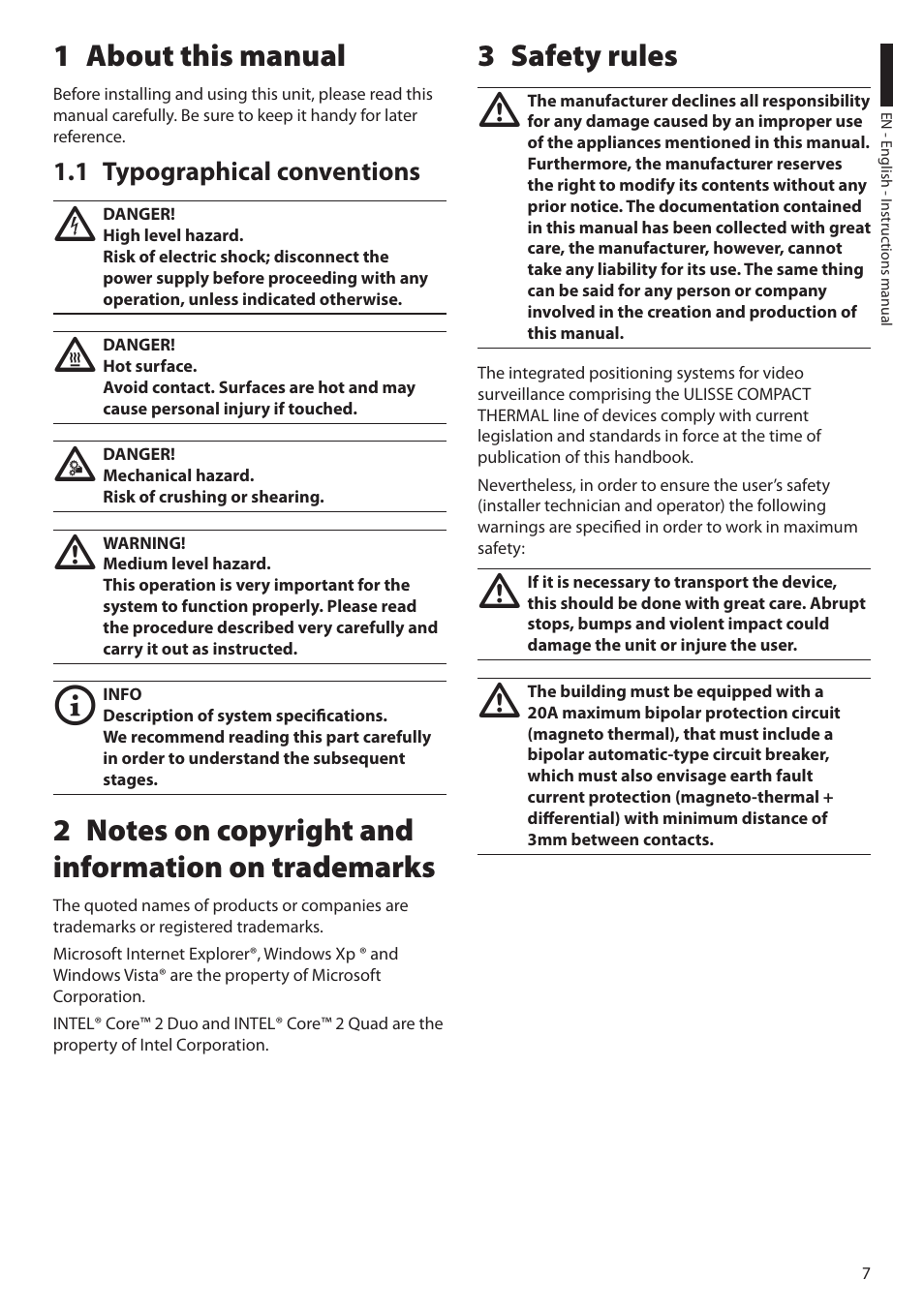 1 about this manual, 1 typographical conventions, 2 notes on copyright and information on trademarks | 3 safety rules | Videotec ULISSE COMPACT THERMAL User Manual | Page 9 / 268