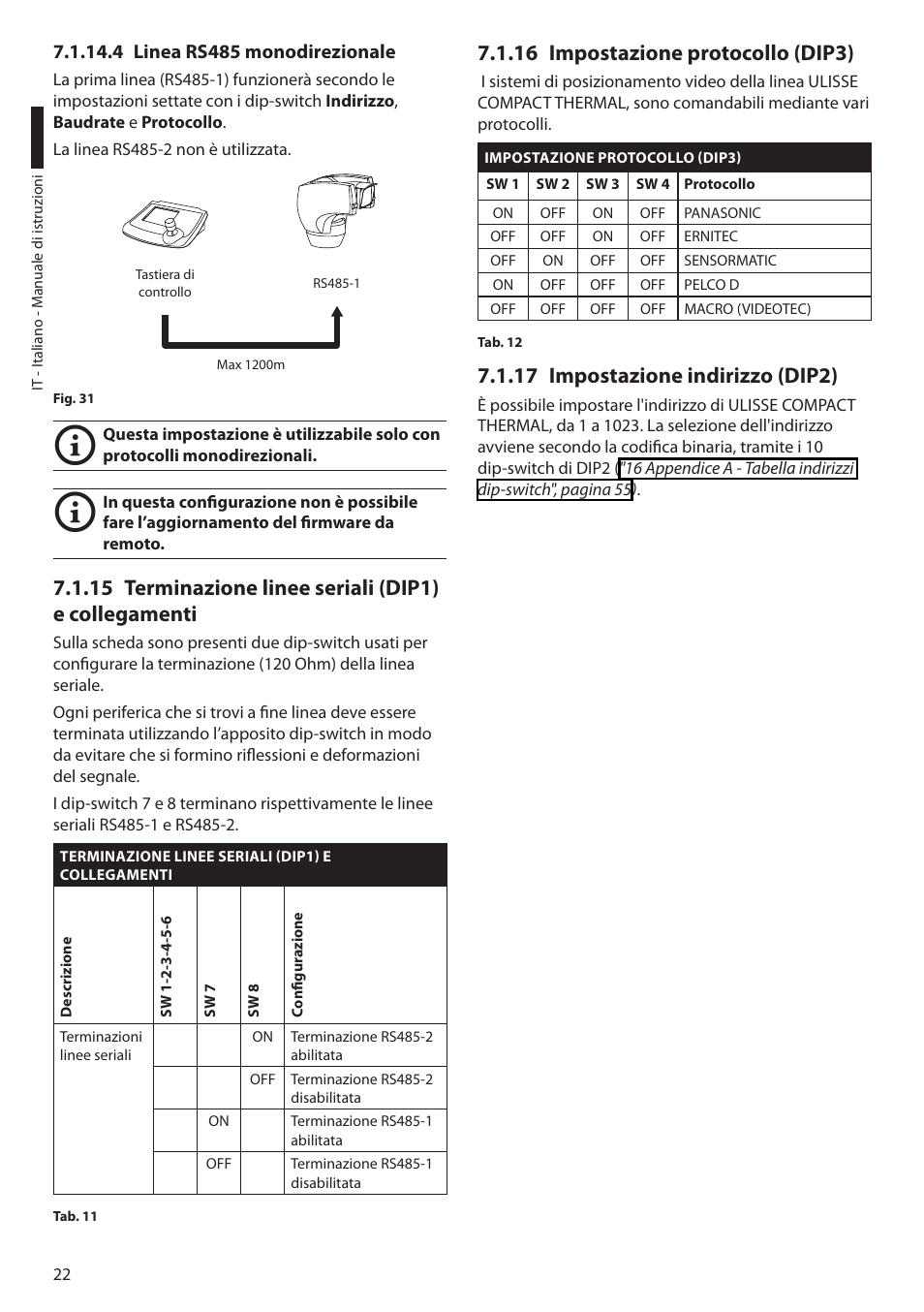 4 linea rs485 monodirezionale, 16 impostazione protocollo (dip3), 17 impostazione indirizzo (dip2) | Videotec ULISSE COMPACT THERMAL User Manual | Page 90 / 268