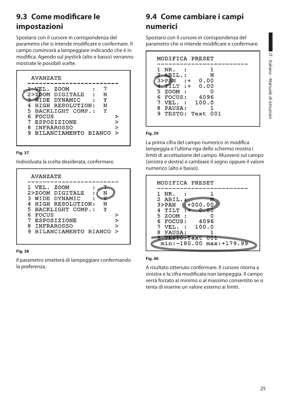3 come modificare le impostazioni, 4 come cambiare i campi numerici | Videotec ULISSE COMPACT THERMAL User Manual | Page 93 / 268