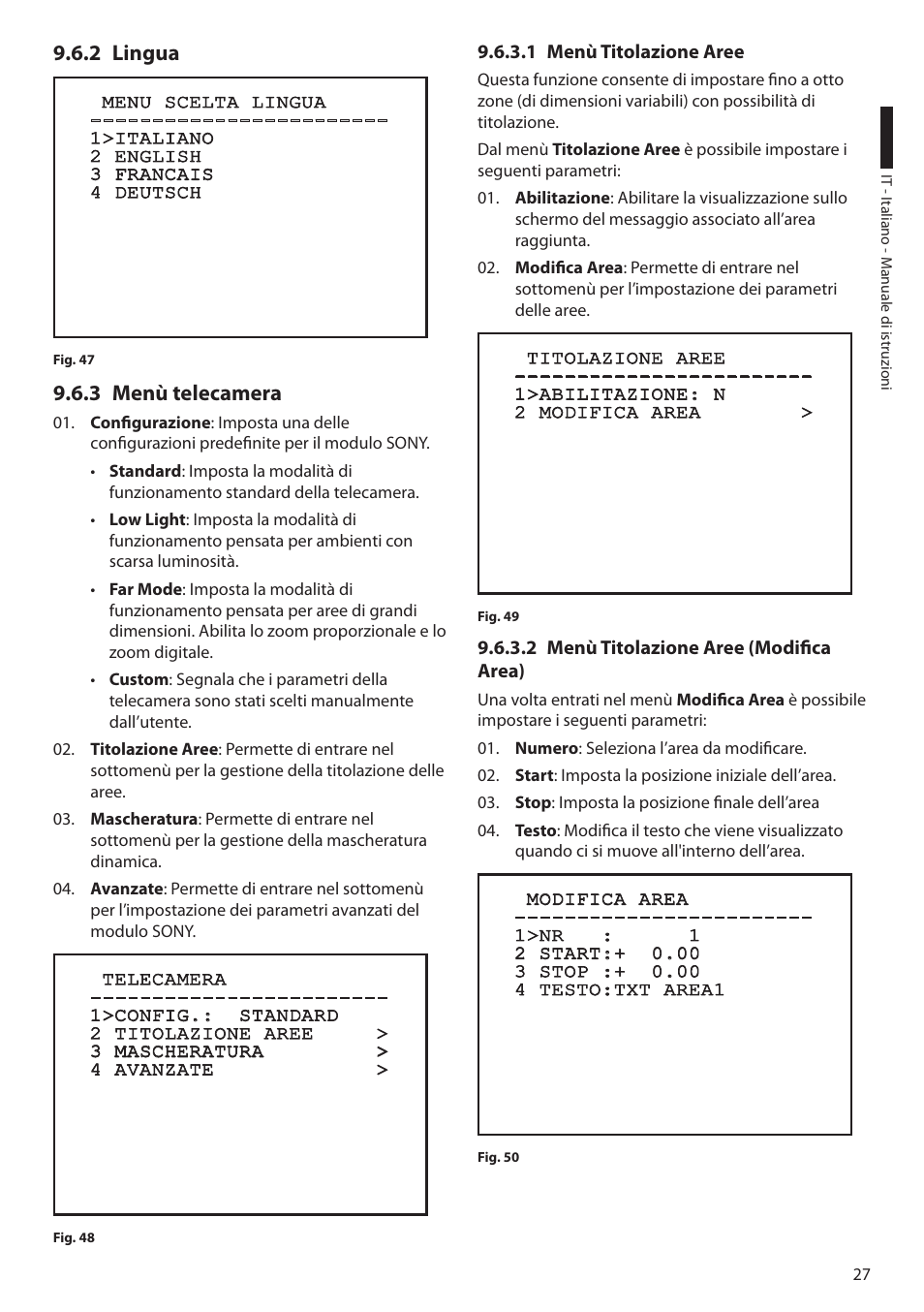 2 lingua, 3 menù telecamera, 1 menù titolazione aree | 2 menù titolazione aree (modifica area), 2 lingua 9.6.3 menù telecamera | Videotec ULISSE COMPACT THERMAL User Manual | Page 95 / 268