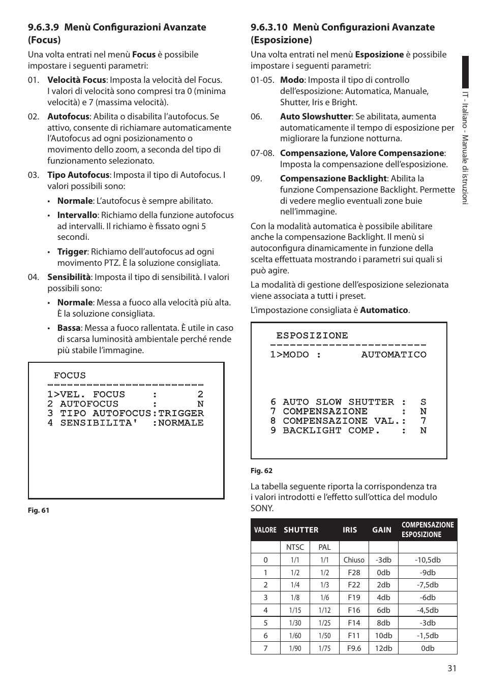 9 menù configurazioni avanzate (focus), 10 menù configurazioni avanzate (esposizione) | Videotec ULISSE COMPACT THERMAL User Manual | Page 99 / 268
