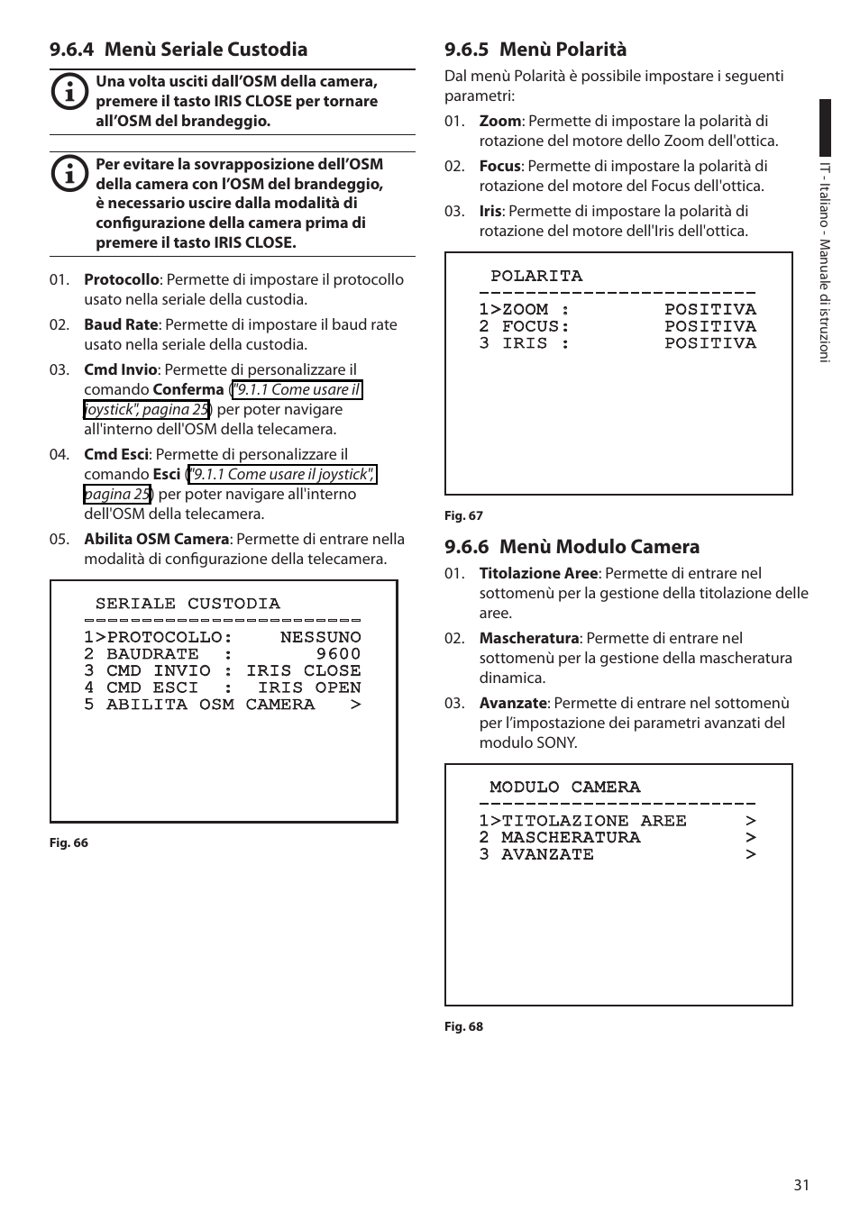 4 menù seriale custodia, 5 menù polarità, 6 menù modulo camera | Videotec ULISSE User Manual | Page 101 / 276