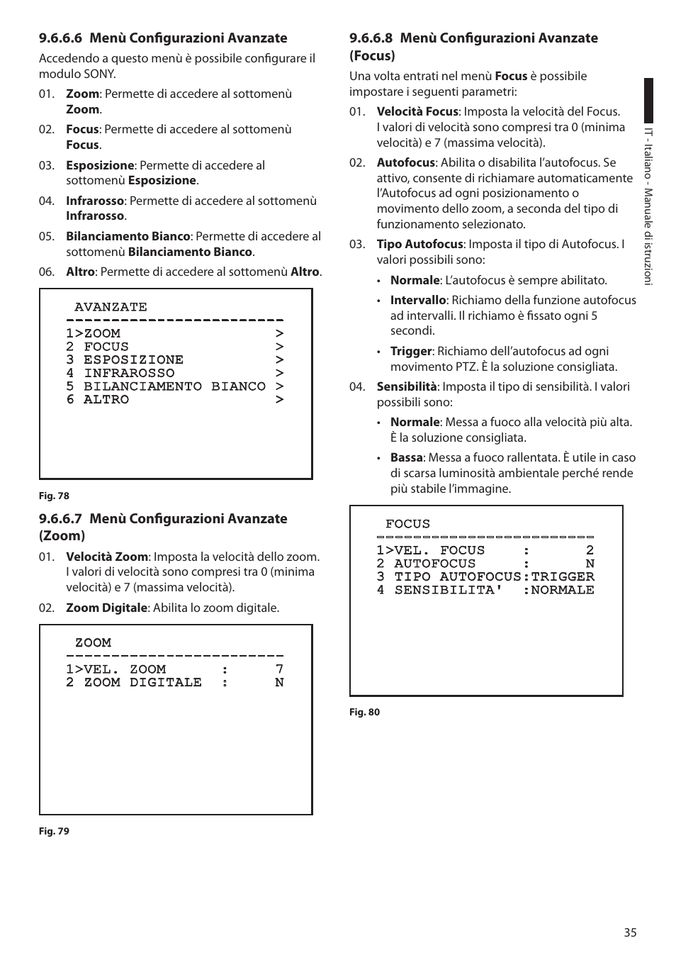 6 menù configurazioni avanzate, 7 menù configurazioni avanzate (zoom), 8 menù configurazioni avanzate (focus) | Videotec ULISSE User Manual | Page 105 / 276