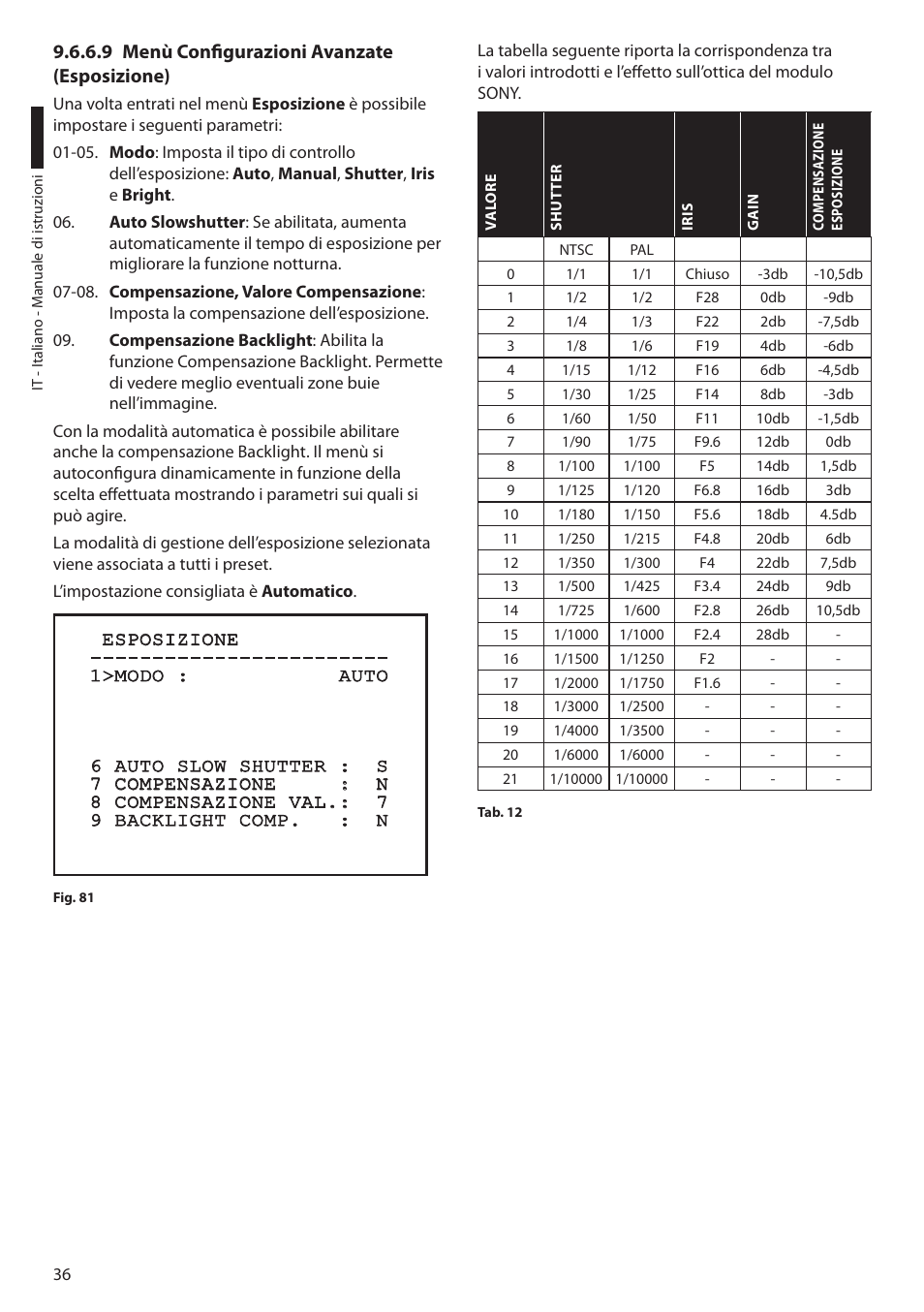 9 menù configurazioni avanzate (esposizione) | Videotec ULISSE User Manual | Page 106 / 276