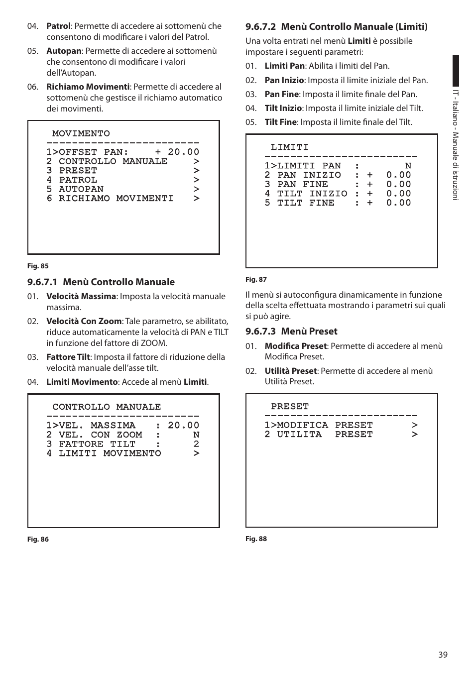 1 menù controllo manuale, 2 menù controllo manuale (limiti), 3 menù preset | Videotec ULISSE User Manual | Page 109 / 276