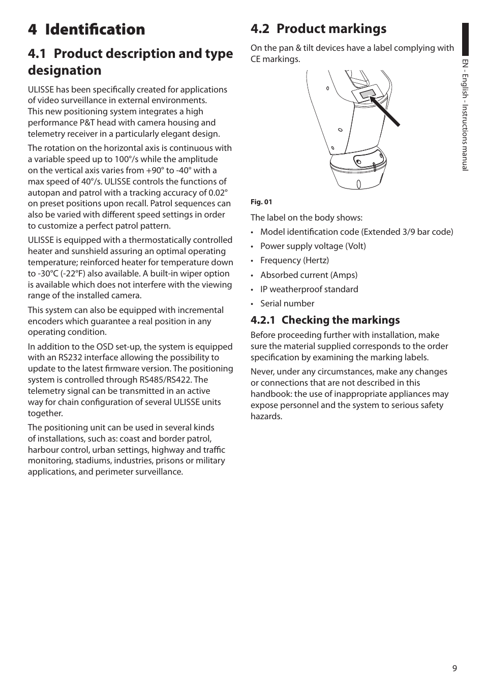 4 identification, 1 product description and type designation, 2 product markings | 1 checking the markings | Videotec ULISSE User Manual | Page 11 / 276