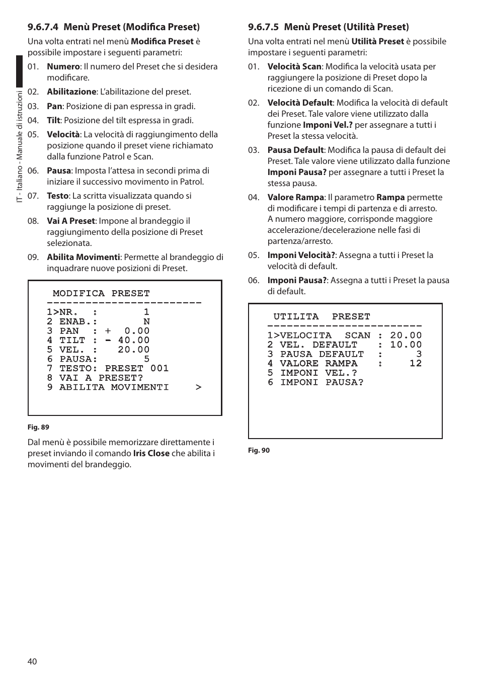 4 menù preset (modifica preset), 5 menù preset (utilità preset) | Videotec ULISSE User Manual | Page 110 / 276