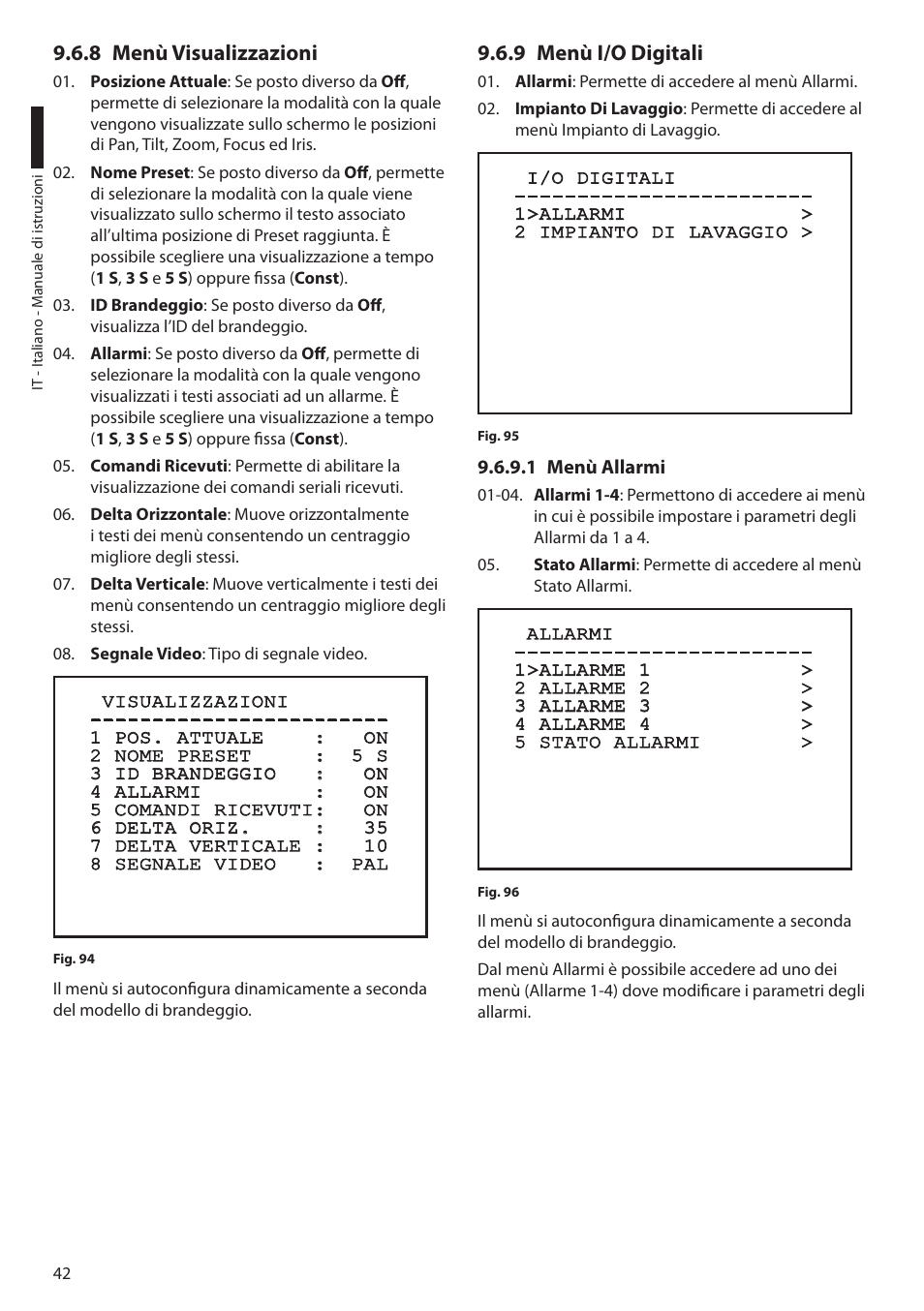 8 menù visualizzazioni, 9 menù i/o digitali, 1 menù allarmi | 8 menù visualizzazioni 9.6.9 menù i/o digitali | Videotec ULISSE User Manual | Page 112 / 276