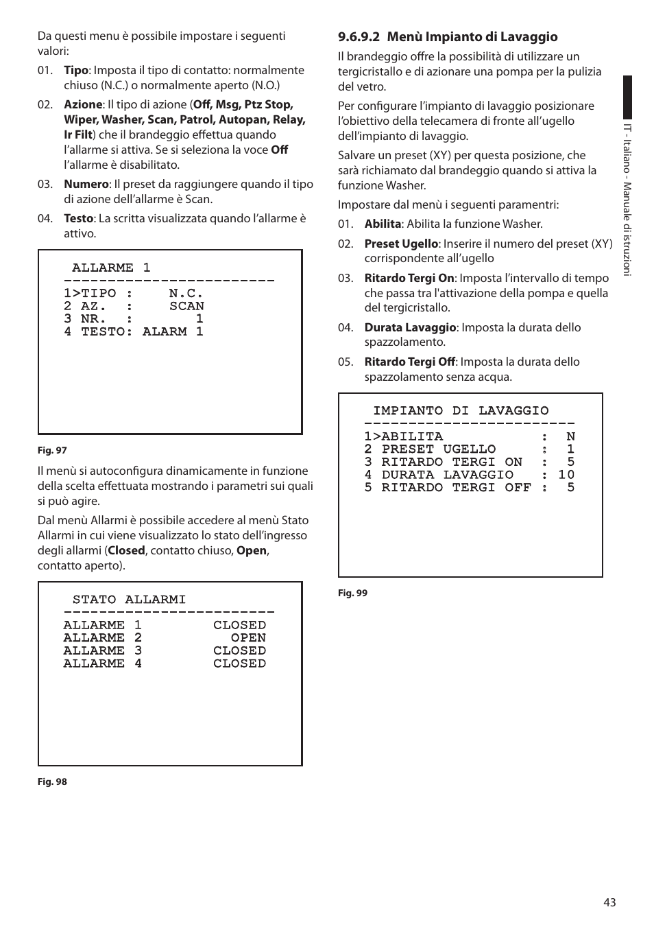 2 menù impianto di lavaggio | Videotec ULISSE User Manual | Page 113 / 276