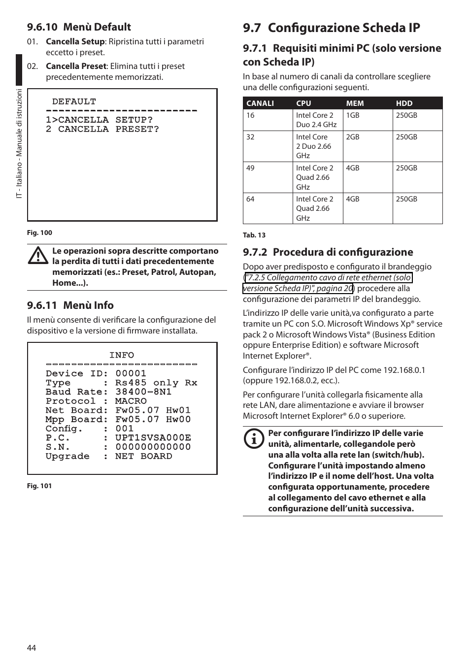 10 menù default, 11 menù info, 7 configurazione scheda ip | 2 procedura di configurazione, 10 menù default 9.6.11 menù info | Videotec ULISSE User Manual | Page 114 / 276