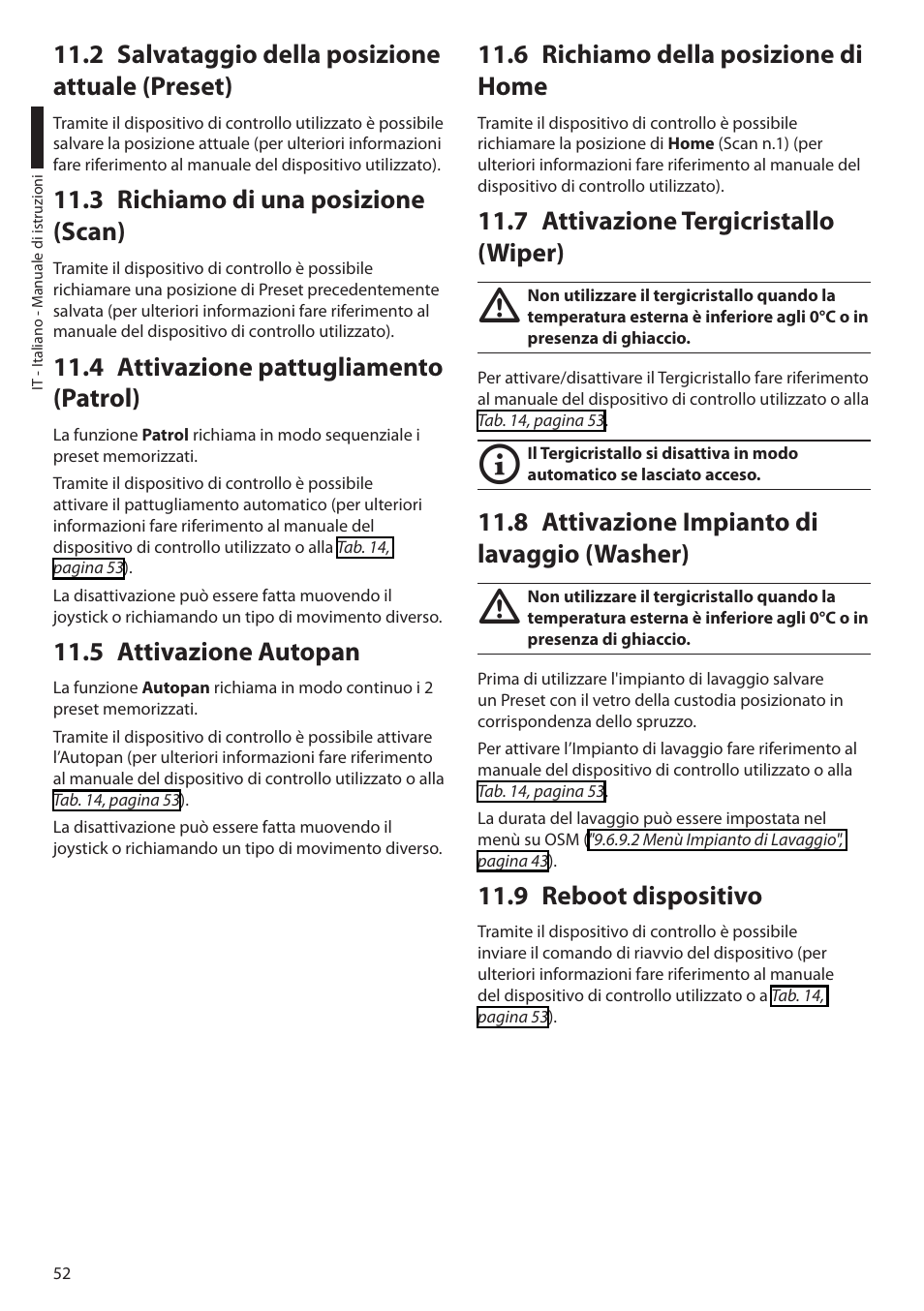 2 salvataggio della posizione attuale (preset), 3 richiamo di una posizione (scan), 4 attivazione pattugliamento (patrol) | 5 attivazione autopan, 6 richiamo della posizione di home, 7 attivazione tergicristallo (wiper), 8 attivazione impianto di lavaggio (washer), 9 reboot dispositivo | Videotec ULISSE User Manual | Page 122 / 276