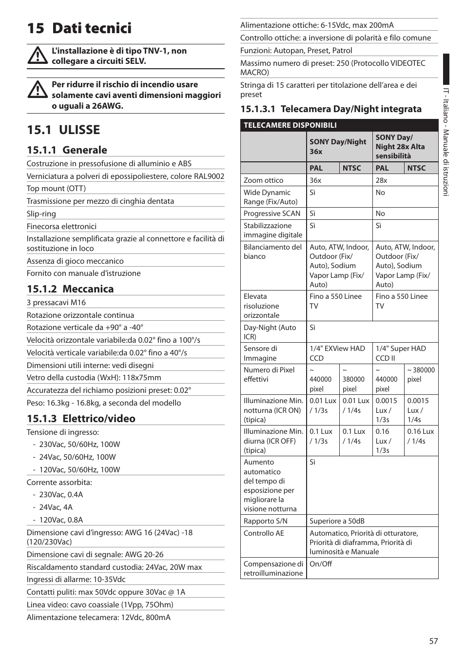 15 dati tecnici, 1 ulisse, 1 generale | 2 meccanica, 3 elettrico/video, 1 telecamera day/night integrata, 1 generale 15.1.2 meccanica 15.1.3 elettrico/video | Videotec ULISSE User Manual | Page 127 / 276