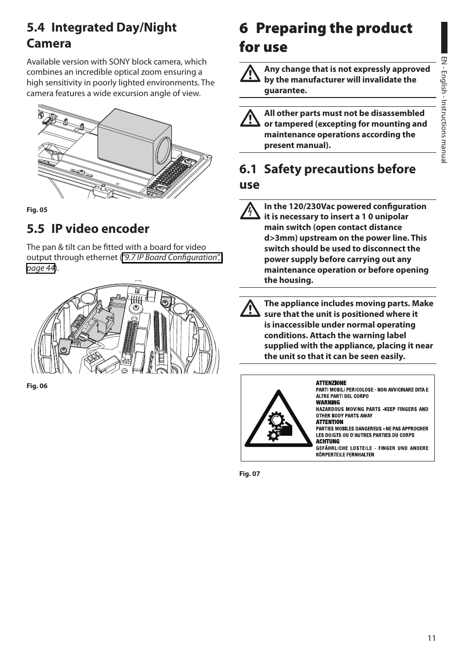 4 integrated day/night camera, 5 ip video encoder, 6 preparing the product for use | 1 safety precautions before use, 4 integrated day/night camera 5.5 ip video encoder | Videotec ULISSE User Manual | Page 13 / 276