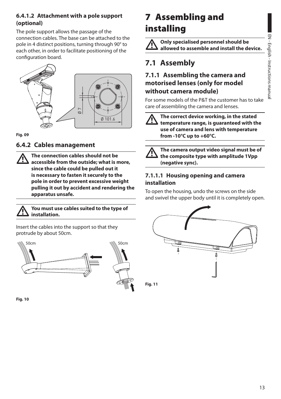 2 attachment with a pole support (optional), 2 cables management, 7 assembling and installing | 1 assembly, 1 housing opening and camera installation | Videotec ULISSE User Manual | Page 15 / 276