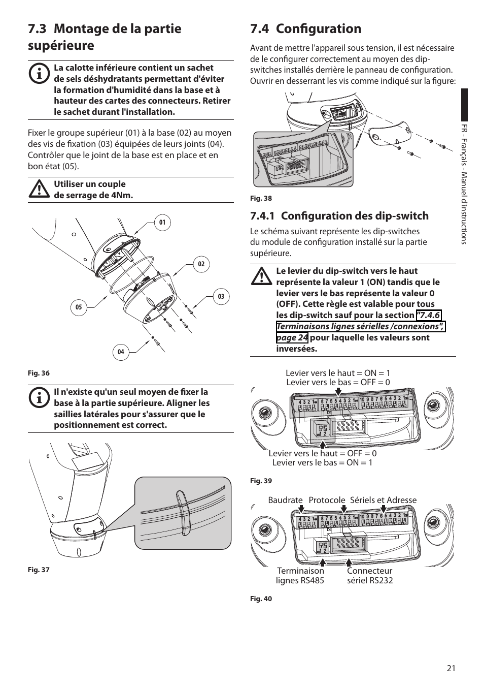 3 montage de la partie supérieure, 4 configuration, 1 configuration des dip-switch | Videotec ULISSE User Manual | Page 159 / 276