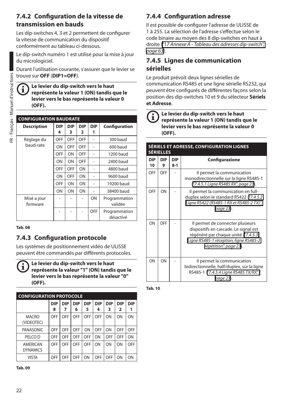 3 configuration protocole, 4 configuration adresse, 5 lignes de communication sérielles | Videotec ULISSE User Manual | Page 160 / 276