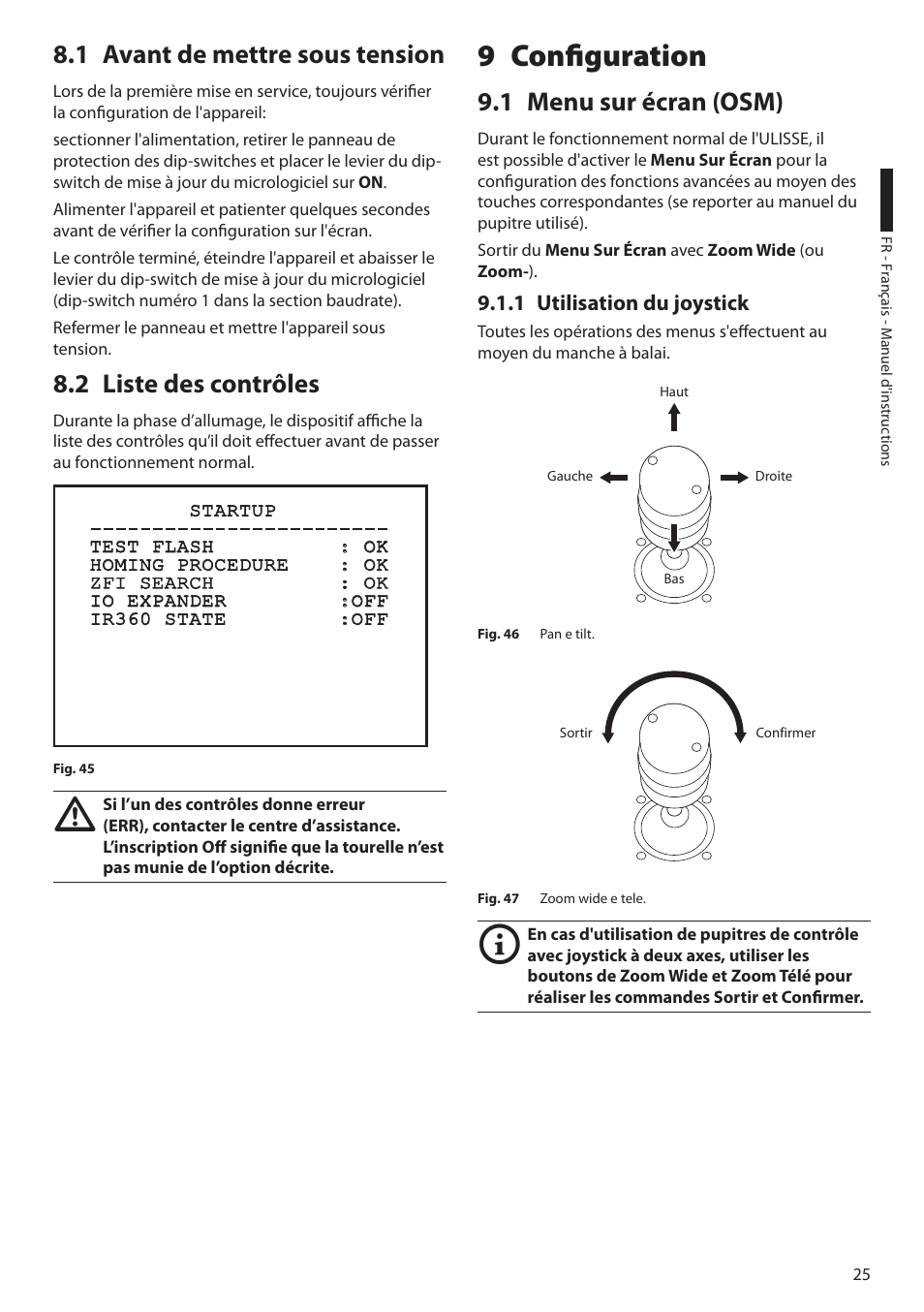 1 avant de mettre sous tension, 2 liste des contrôles, 9 configuration | 1 menu sur écran (osm), 1 utilisation du joystick | Videotec ULISSE User Manual | Page 163 / 276