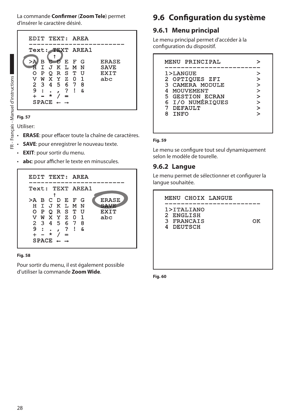 6 configuration du système, 1 menu principal, 2 langue | 1 menu principal 9.6.2 langue | Videotec ULISSE User Manual | Page 166 / 276