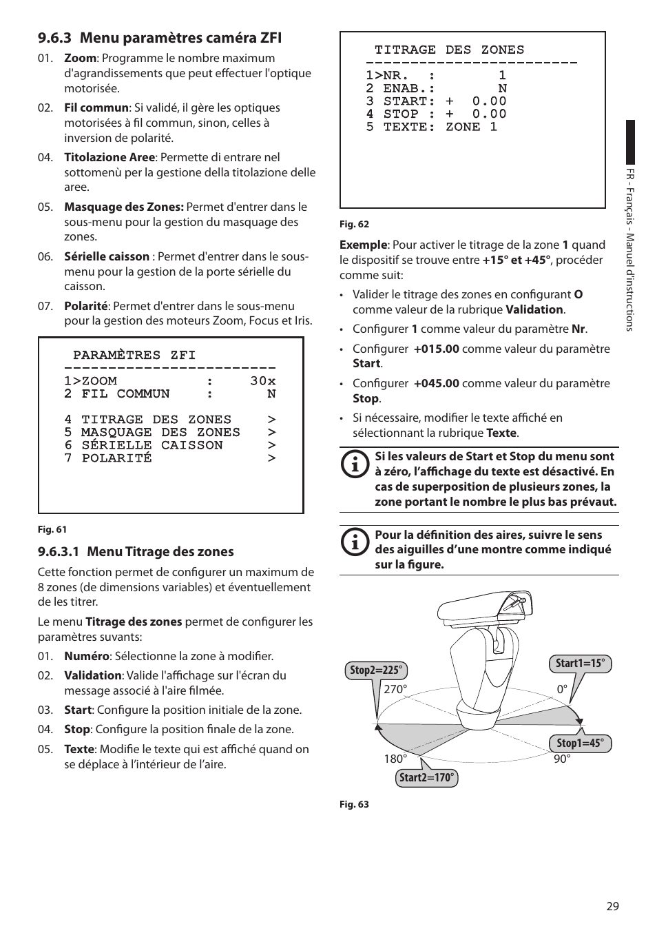 3 menu paramètres caméra zfi, 1 menu titrage des zones | Videotec ULISSE User Manual | Page 167 / 276