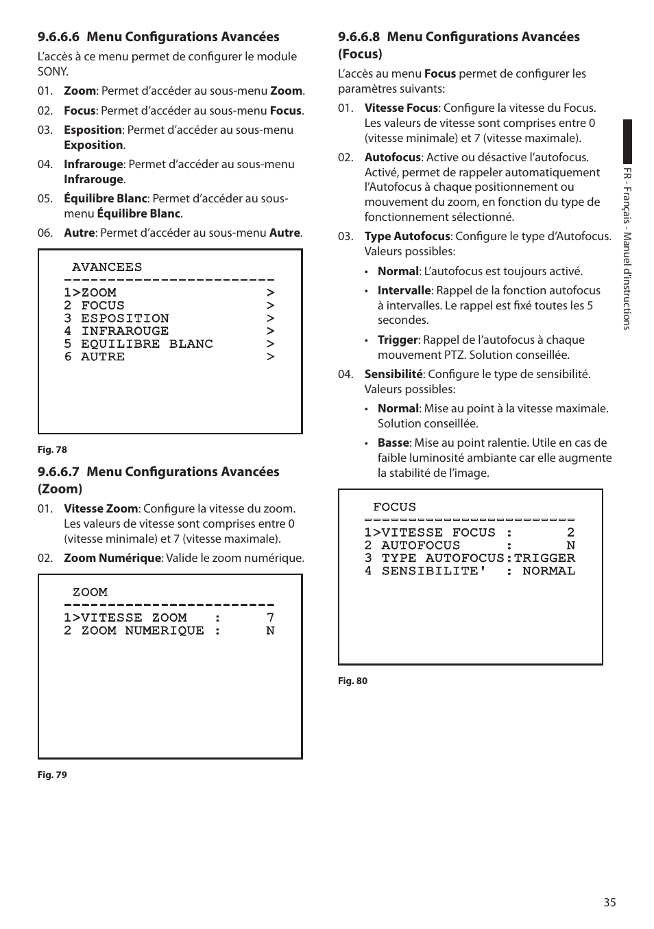 6 menu configurations avancées, 7 menu configurations avancées (zoom), 8 menu configurations avancées (focus) | Videotec ULISSE User Manual | Page 173 / 276